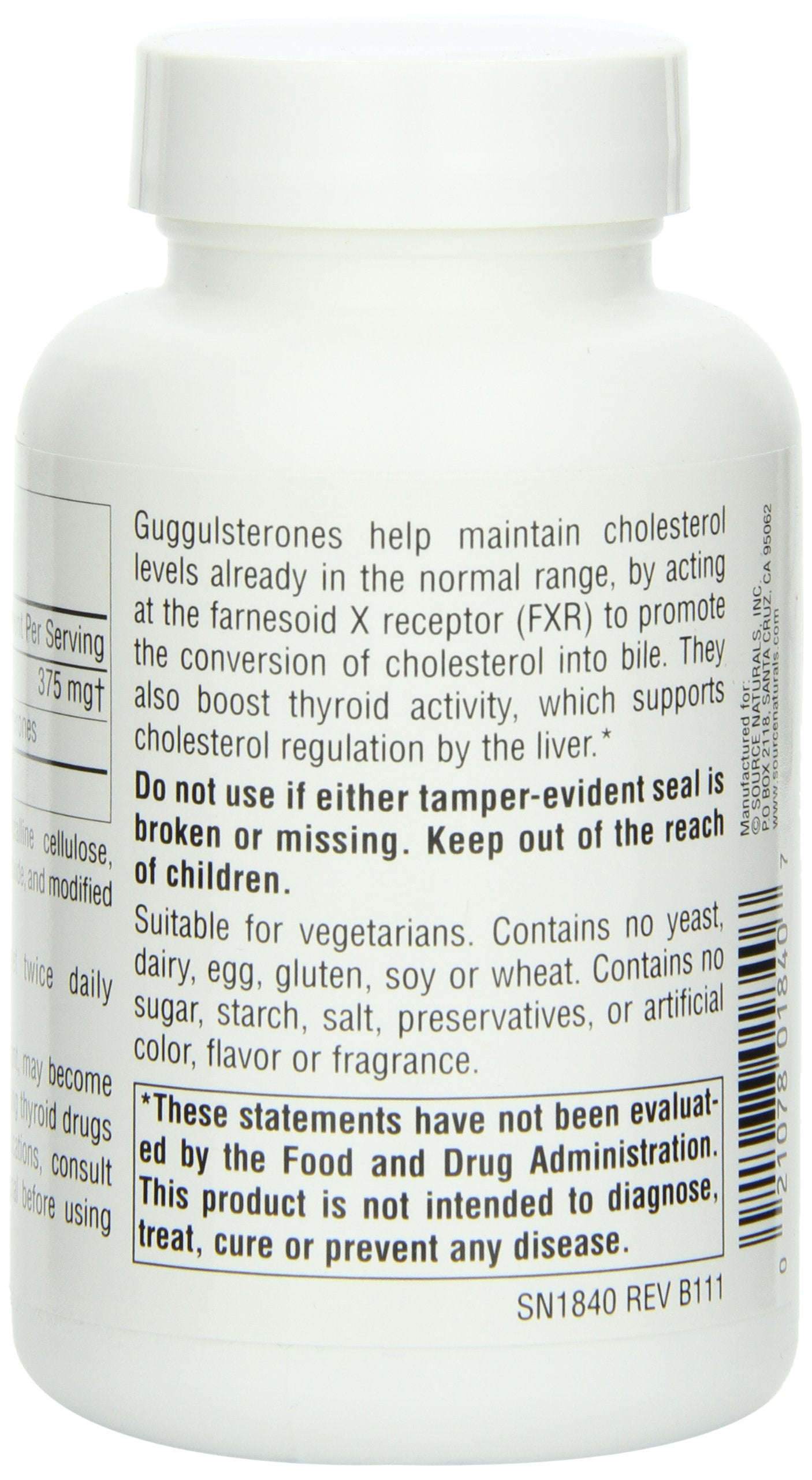 Supplement facts panel for Source Naturals Guggulsterones