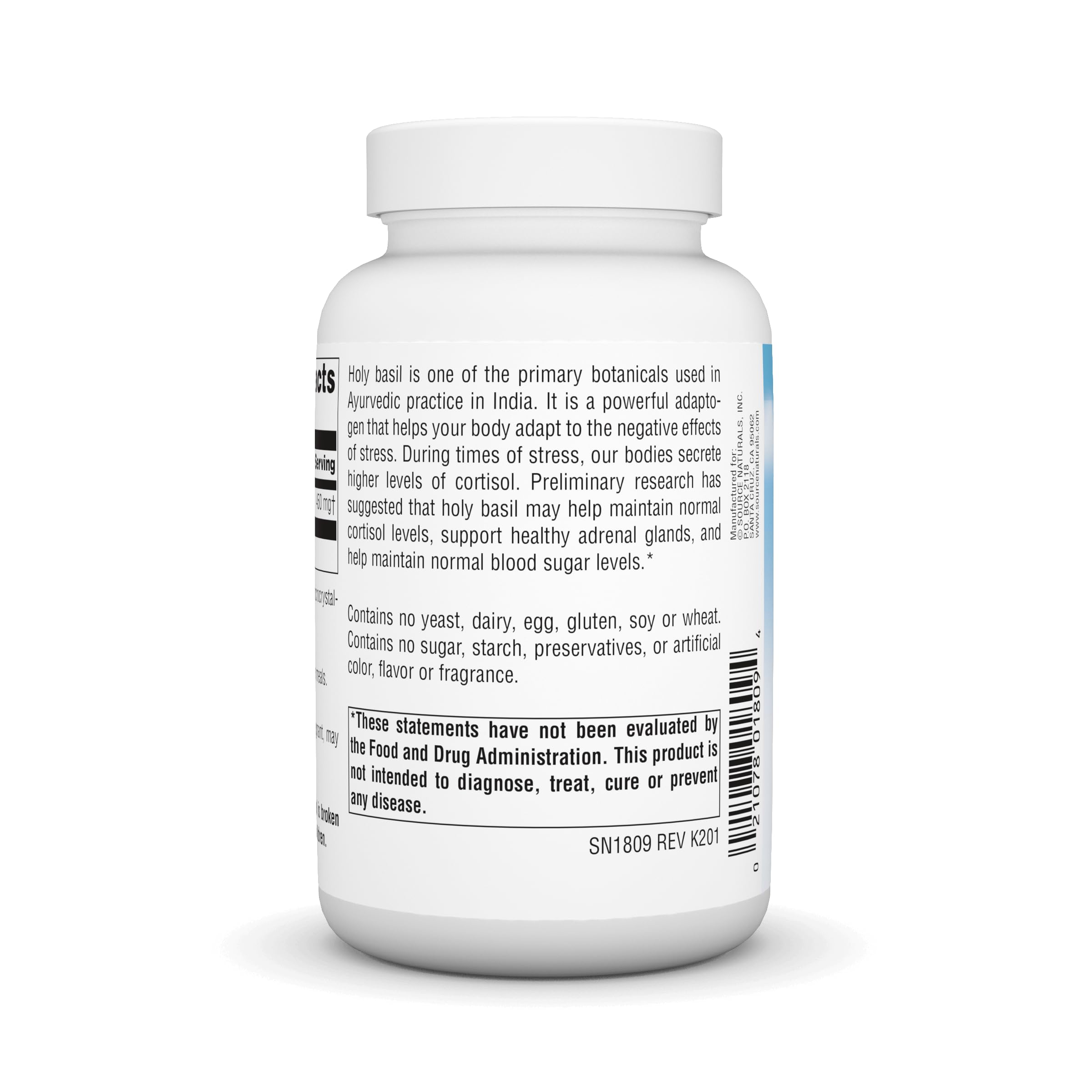 Supplement facts label for Holy Basil Adrenal Support