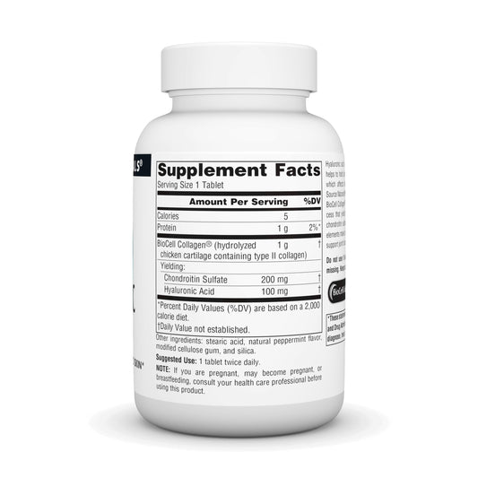 Close-up of Hyaluronic Acid supplement bottle label highlighting BioCell Collagen