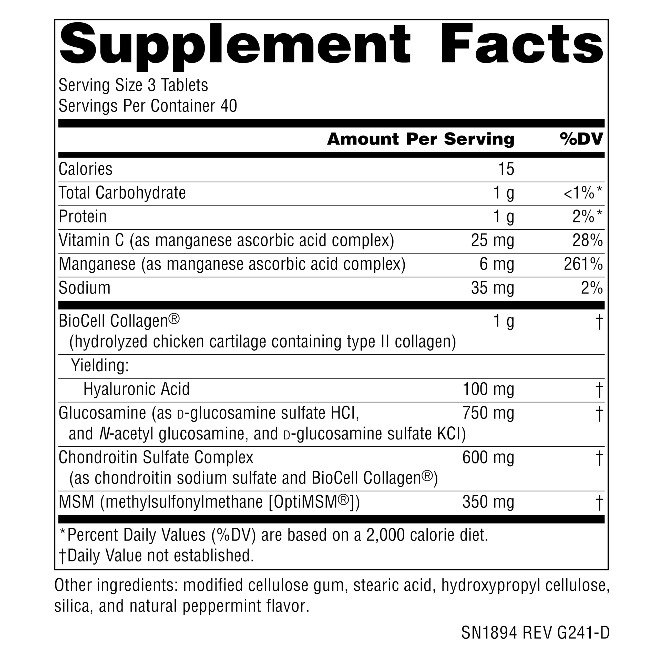 Supplement facts panel for Hyaluronic Joint Complex