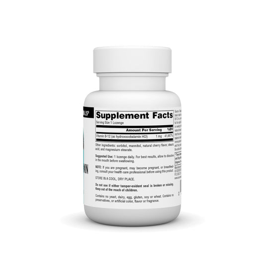 Back label with supplement facts for HydroxoCobalamin B-12 Cherry Lozenges