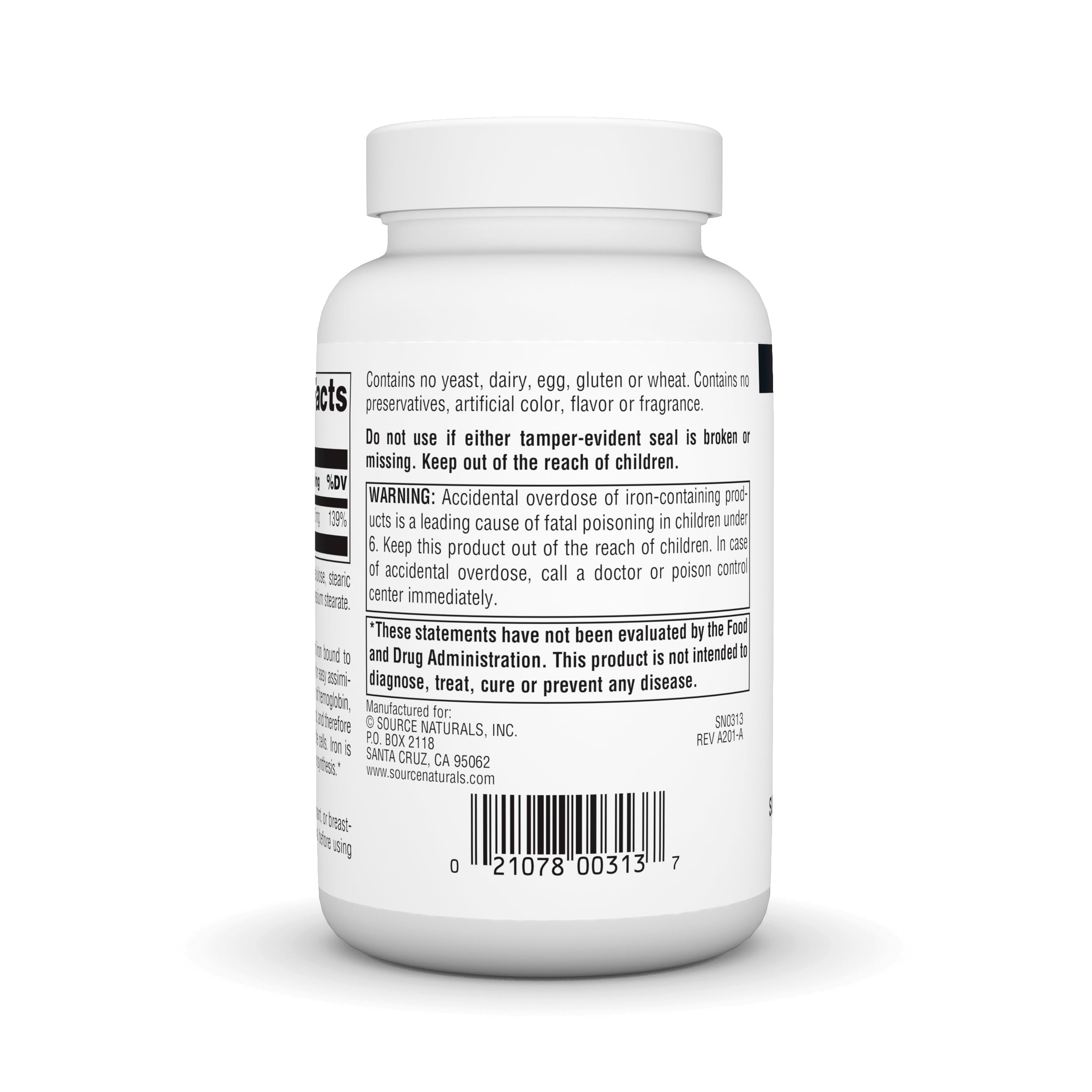 Ingredients and Supplement Facts label for Source Naturals Iron amino acid chelate