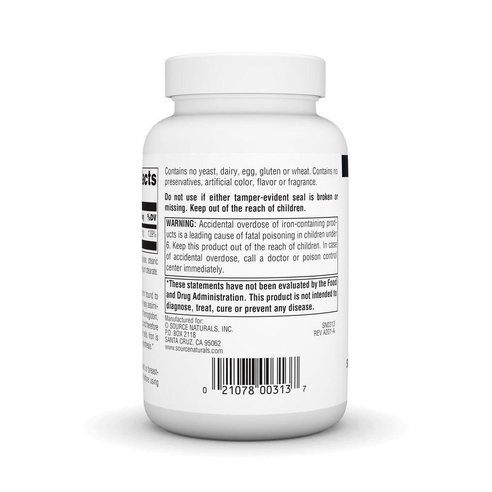 Ingredients and Supplement Facts label for Source Naturals Iron amino acid chelate