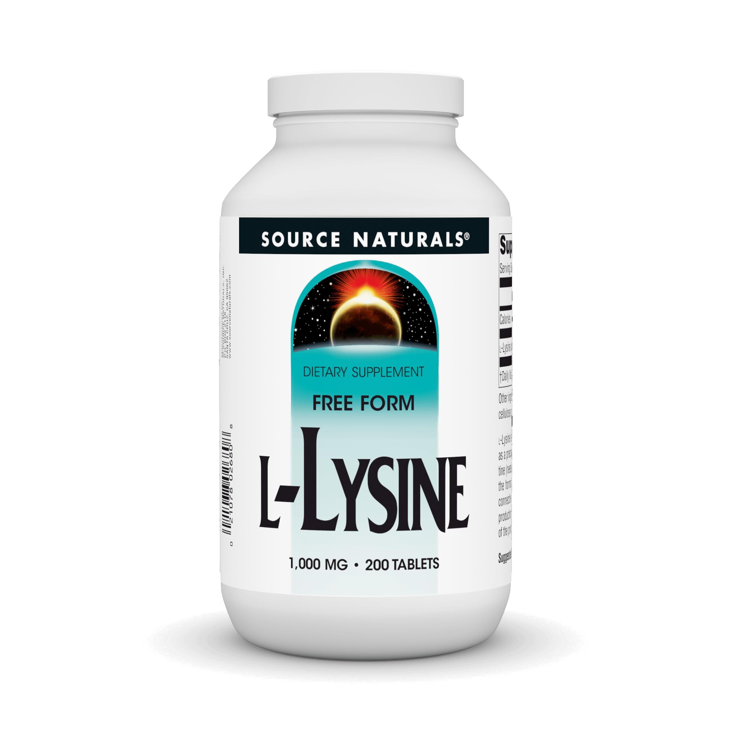 Source Naturals L-Lysine Free Form 1000 mg bottle – front view