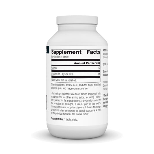 L-Lysine Free Form 1000 mg bottle label showing 200 tablets
