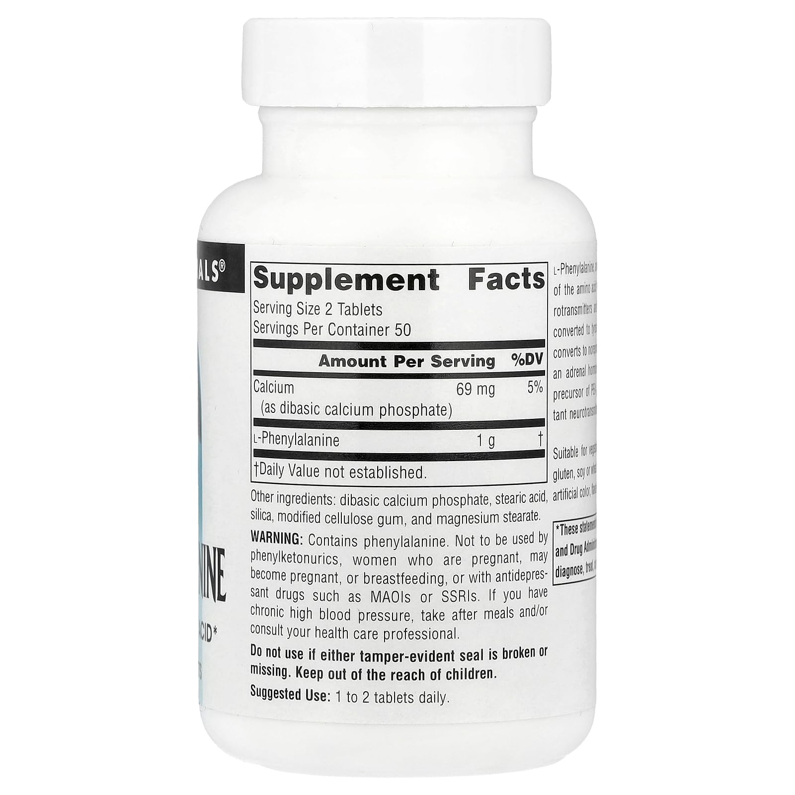 Label of Source Naturals L-Phenylalanine Free Form Essential Amino Acid 100 Tablets