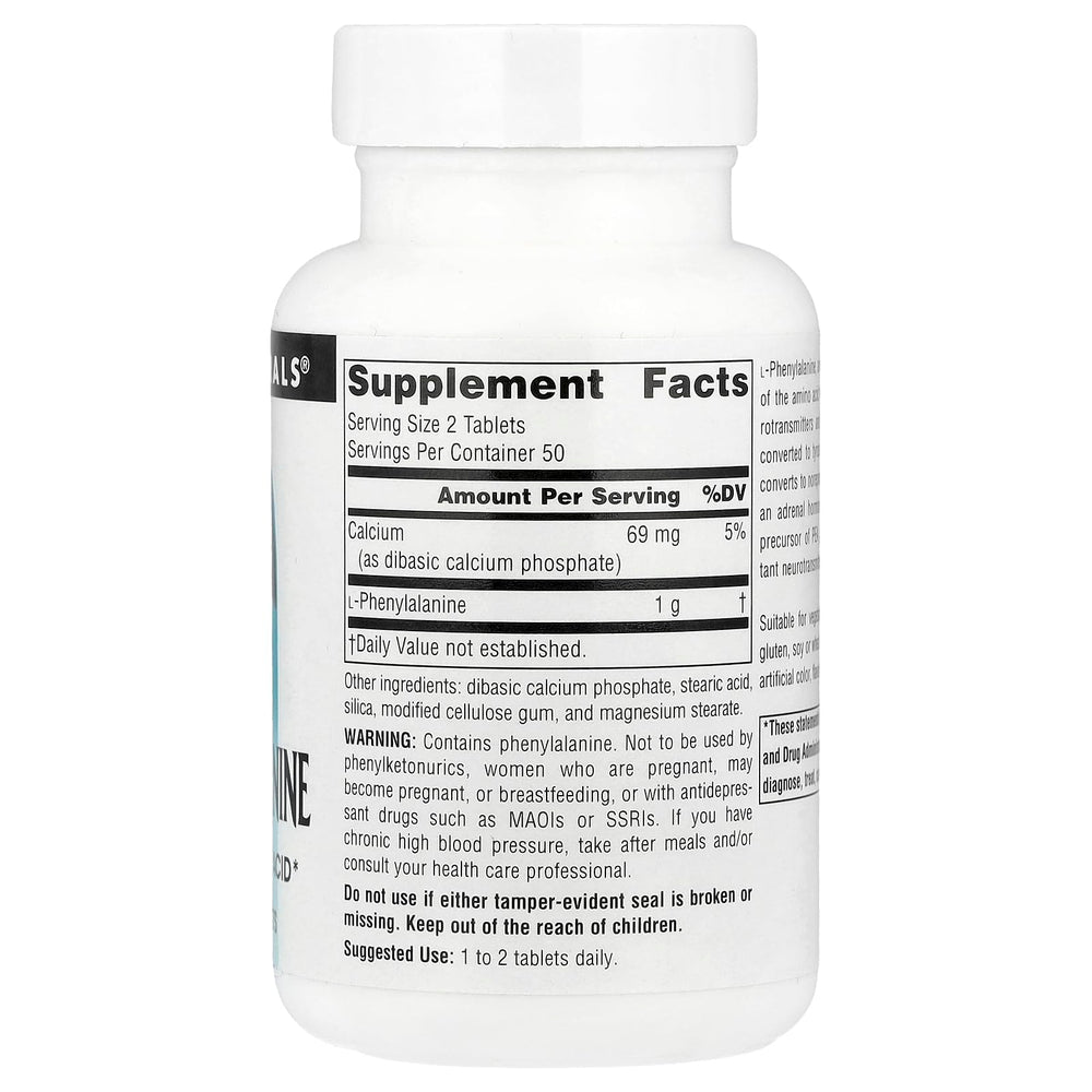 Label of Source Naturals L-Phenylalanine Free Form Essential Amino Acid 100 Tablets