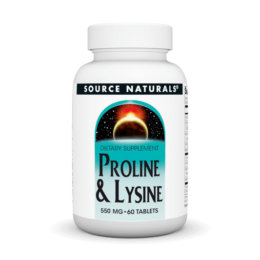 Bottle label of Source Naturals L-Proline & L-Lysine 550 mg - 60 tablets