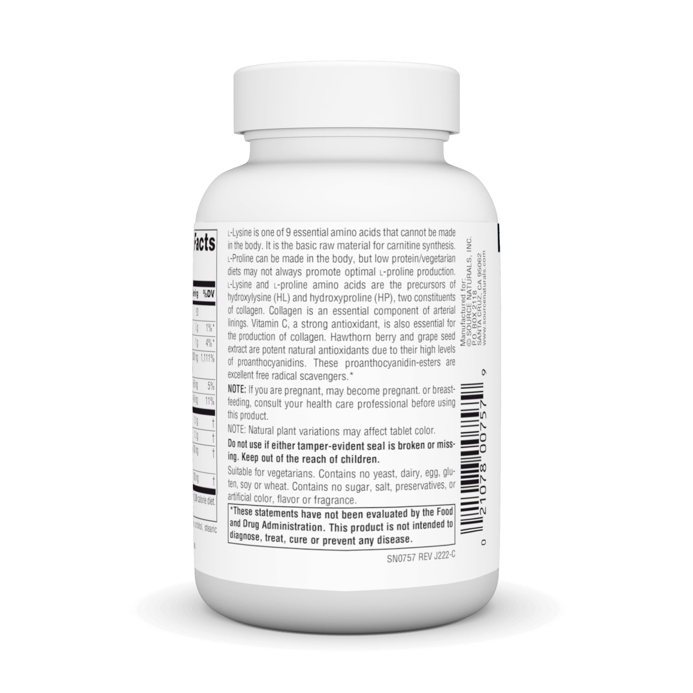 Supplement facts panel for Source Naturals L-Proline & L-Lysine