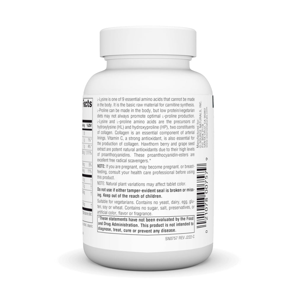 Supplement facts panel for Source Naturals L-Proline & L-Lysine