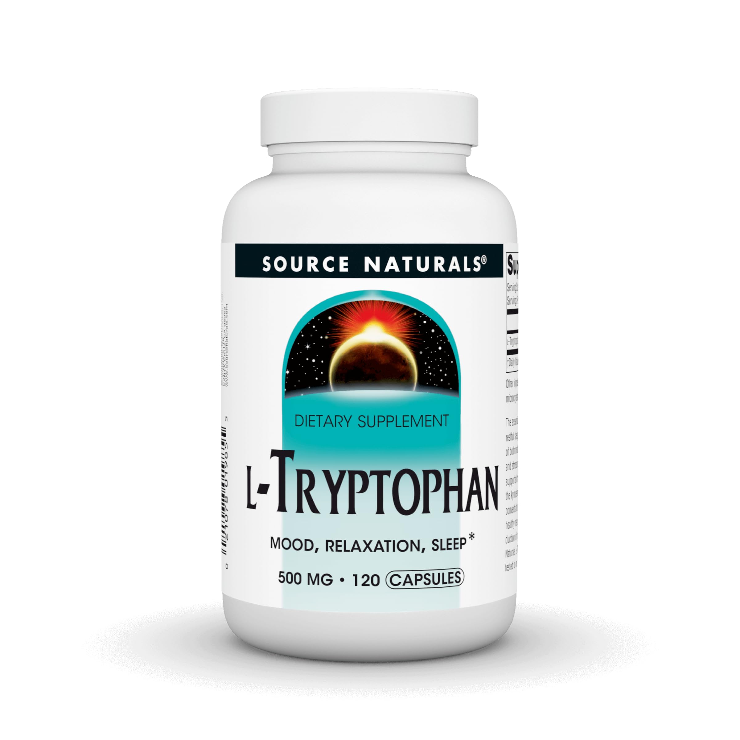 Bottle of Source Naturals L-Tryptophan 500mg, 120 capsules