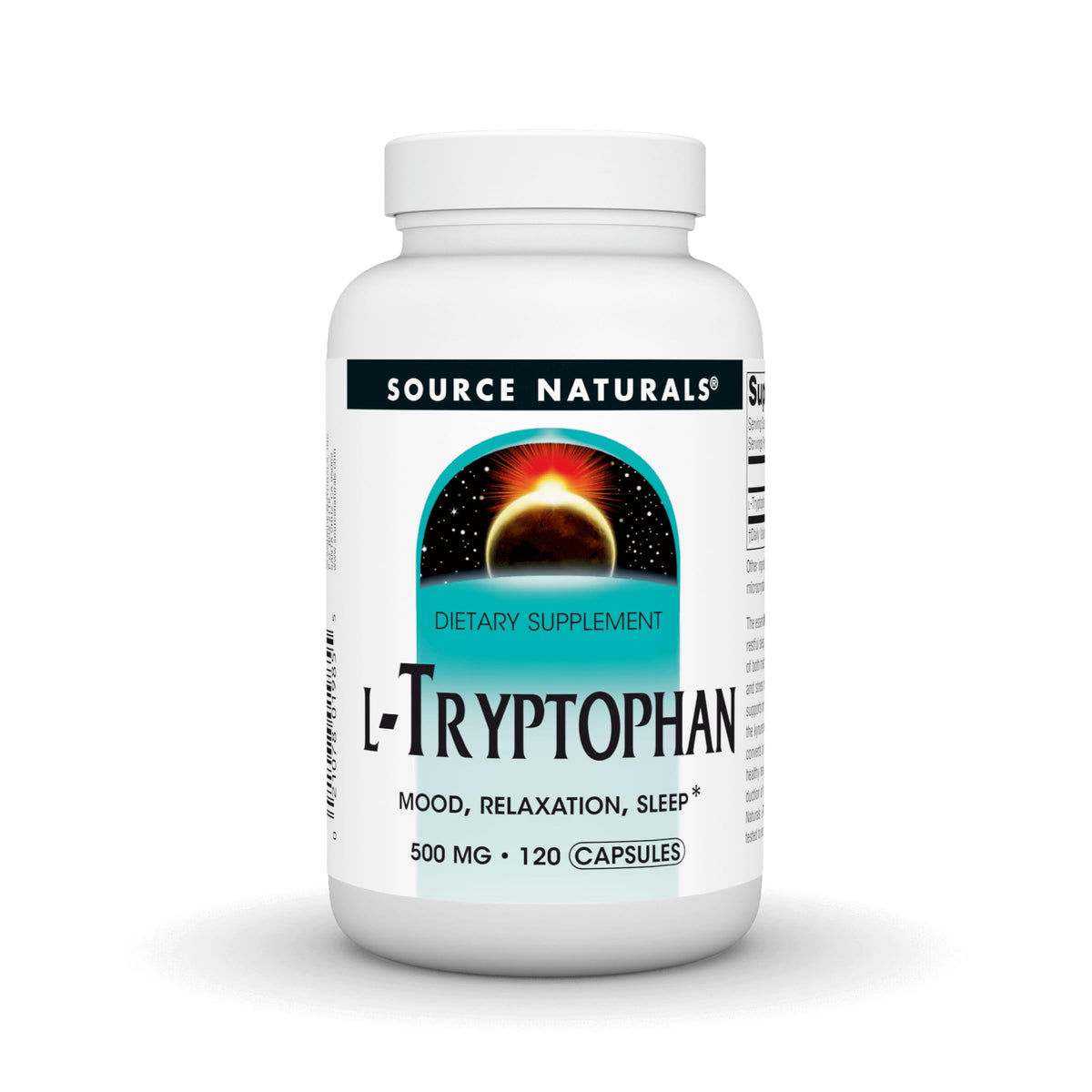 Bottle of Source Naturals L-Tryptophan 500mg, 120 capsules