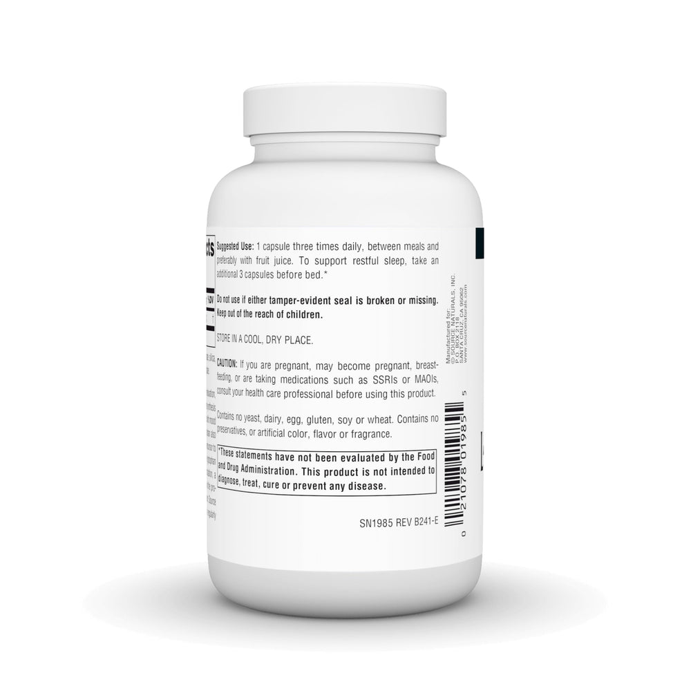 Supplement Facts panel on Source Naturals L-Tryptophan bottle