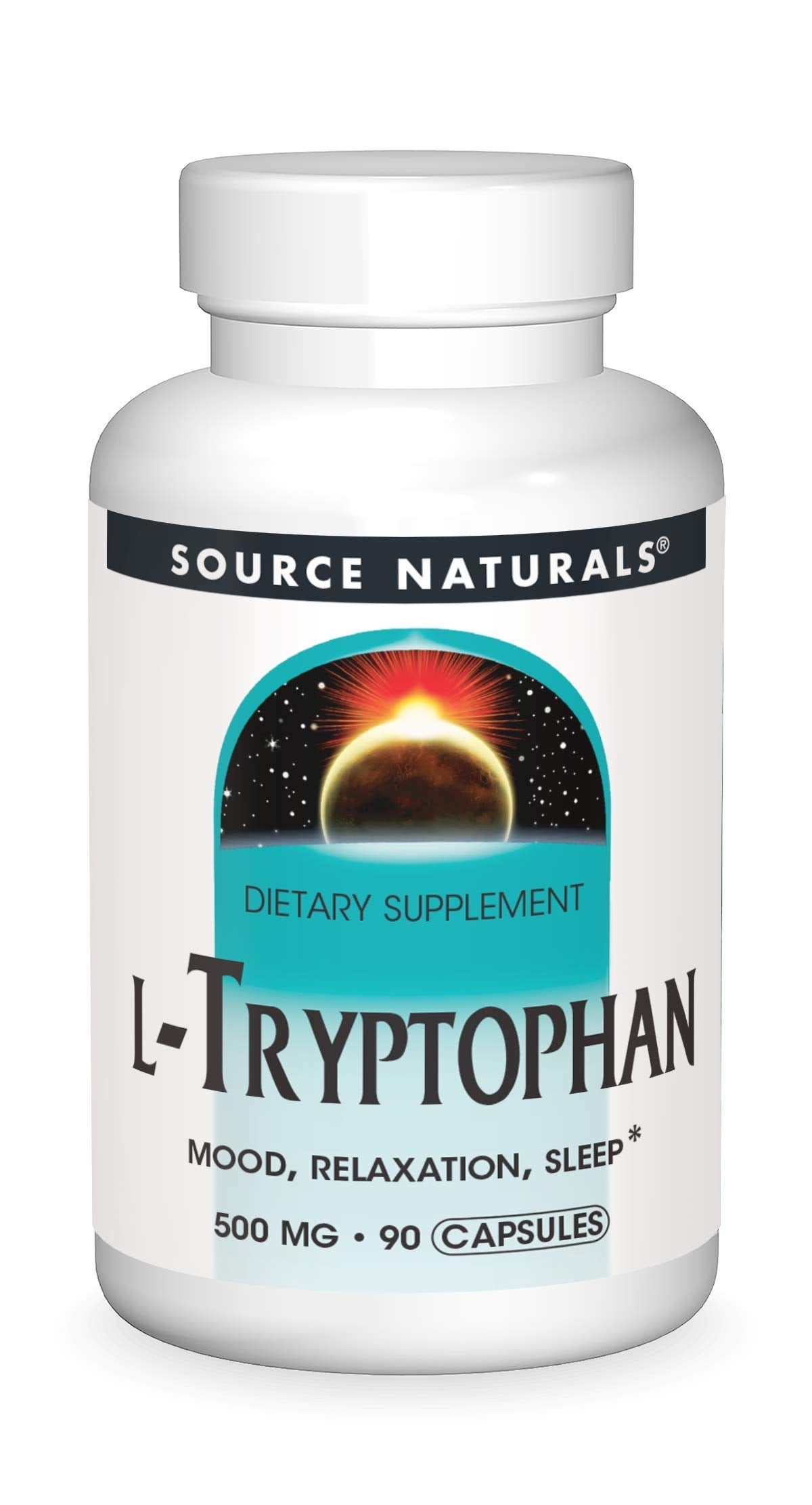 Source Naturals L-Tryptophan 500 mg bottle with 90 capsules on white background