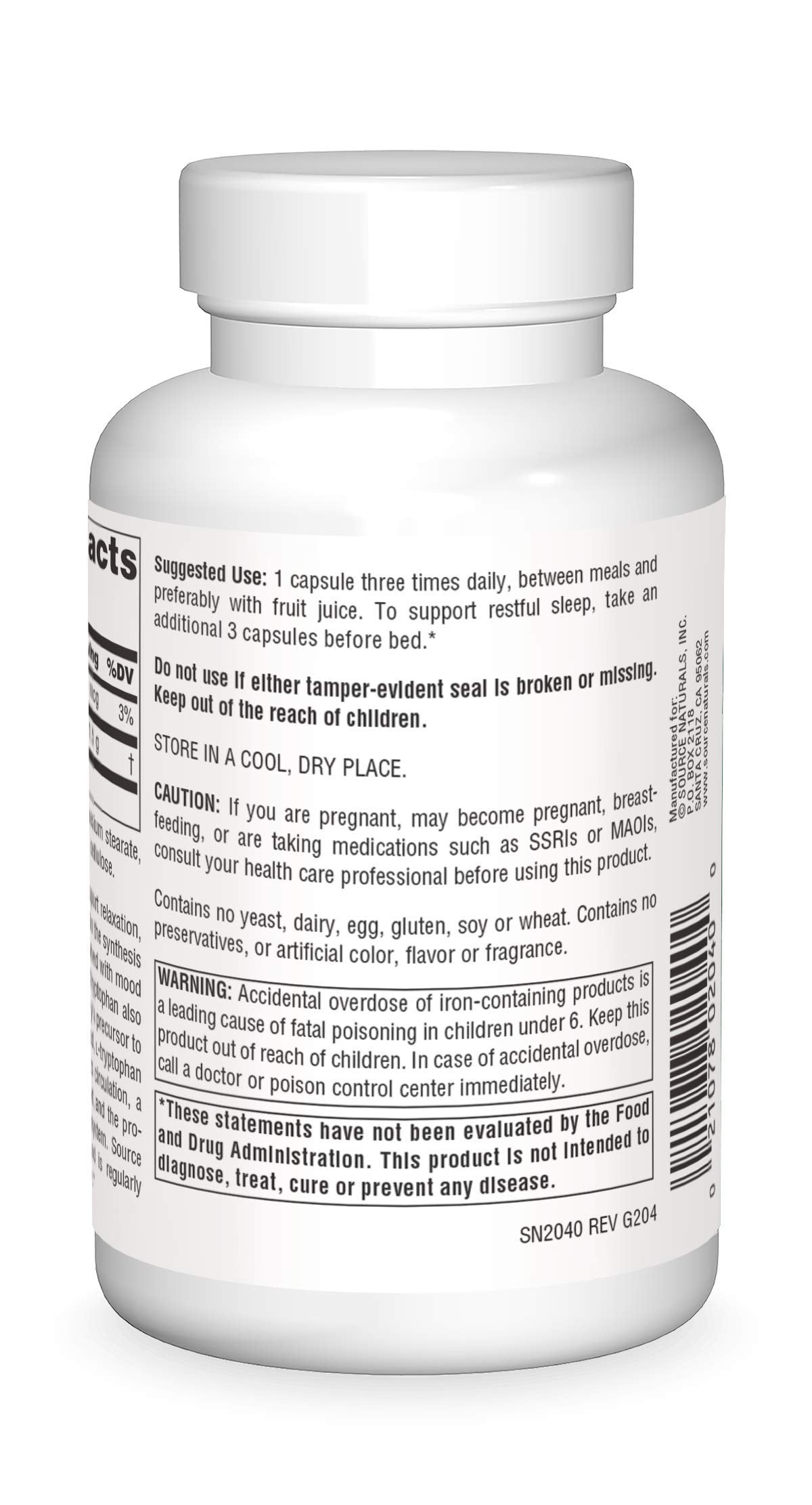 Close-up of Source Naturals L-Tryptophan 500 mg bottle label
