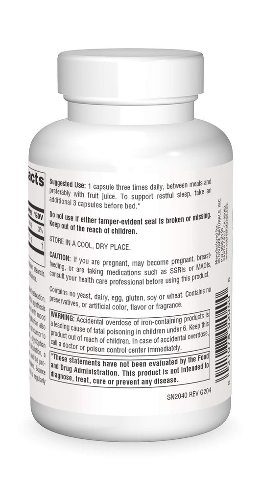 Close-up of Source Naturals L-Tryptophan 500 mg bottle label