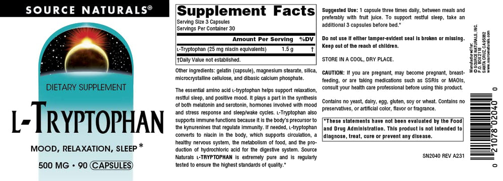 90 capsules of L-Tryptophan 500 mg on a white surface