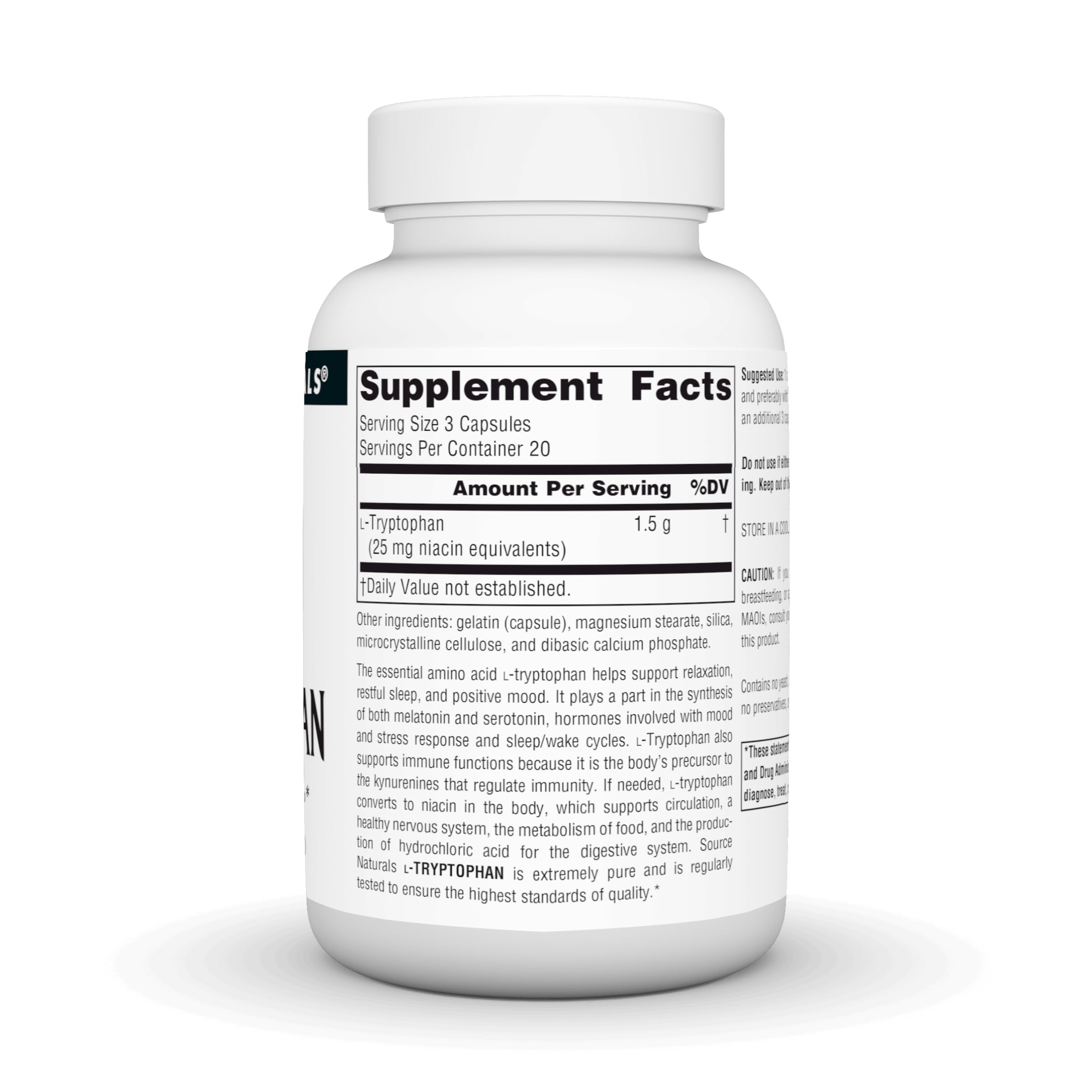 L-Tryptophan 500mg capsules inside bottle close-up