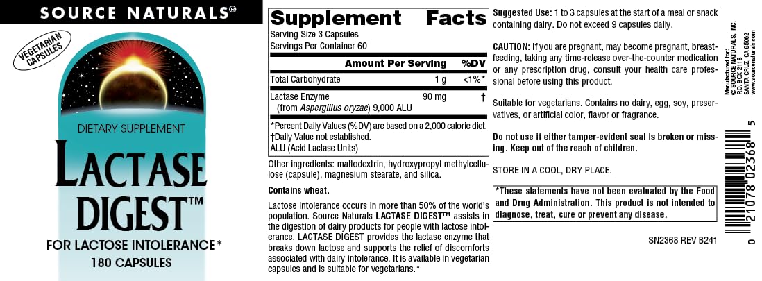 Ingredients and bottle label of Source Naturals Lactase Digest