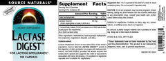 Ingredients and bottle label of Source Naturals Lactase Digest