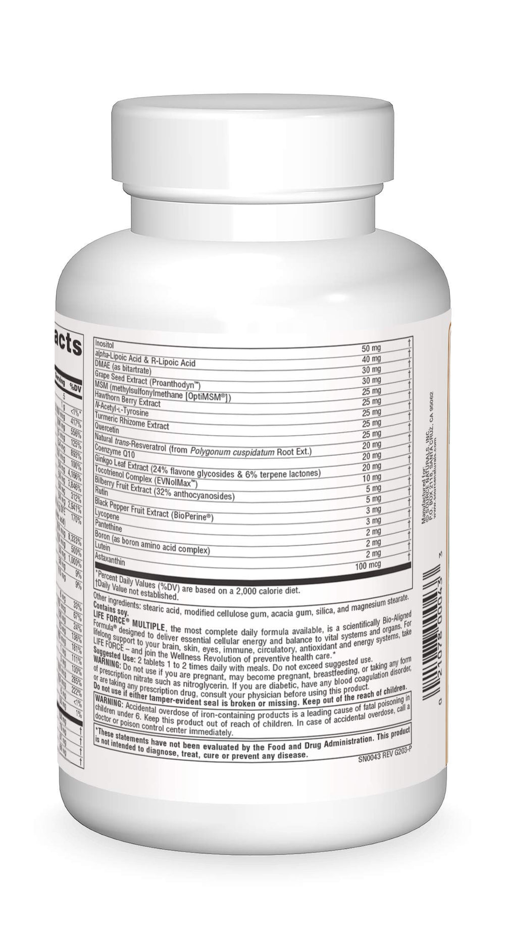 CoQ10, turmeric, resveratrol and other ingredients in Life Force
