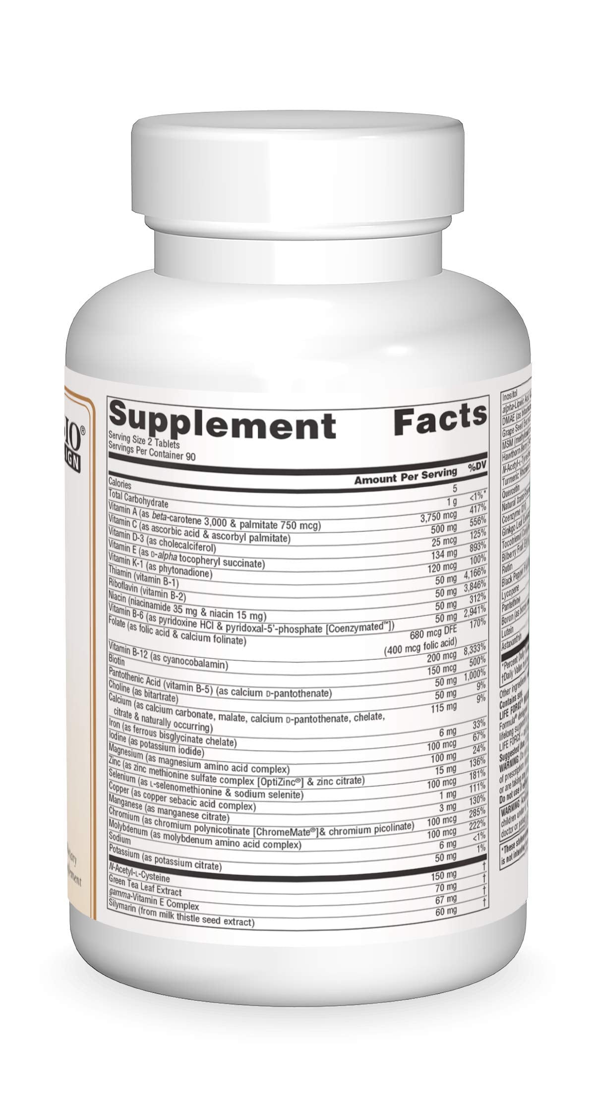 Close-up of Life Force Multi label showing product details