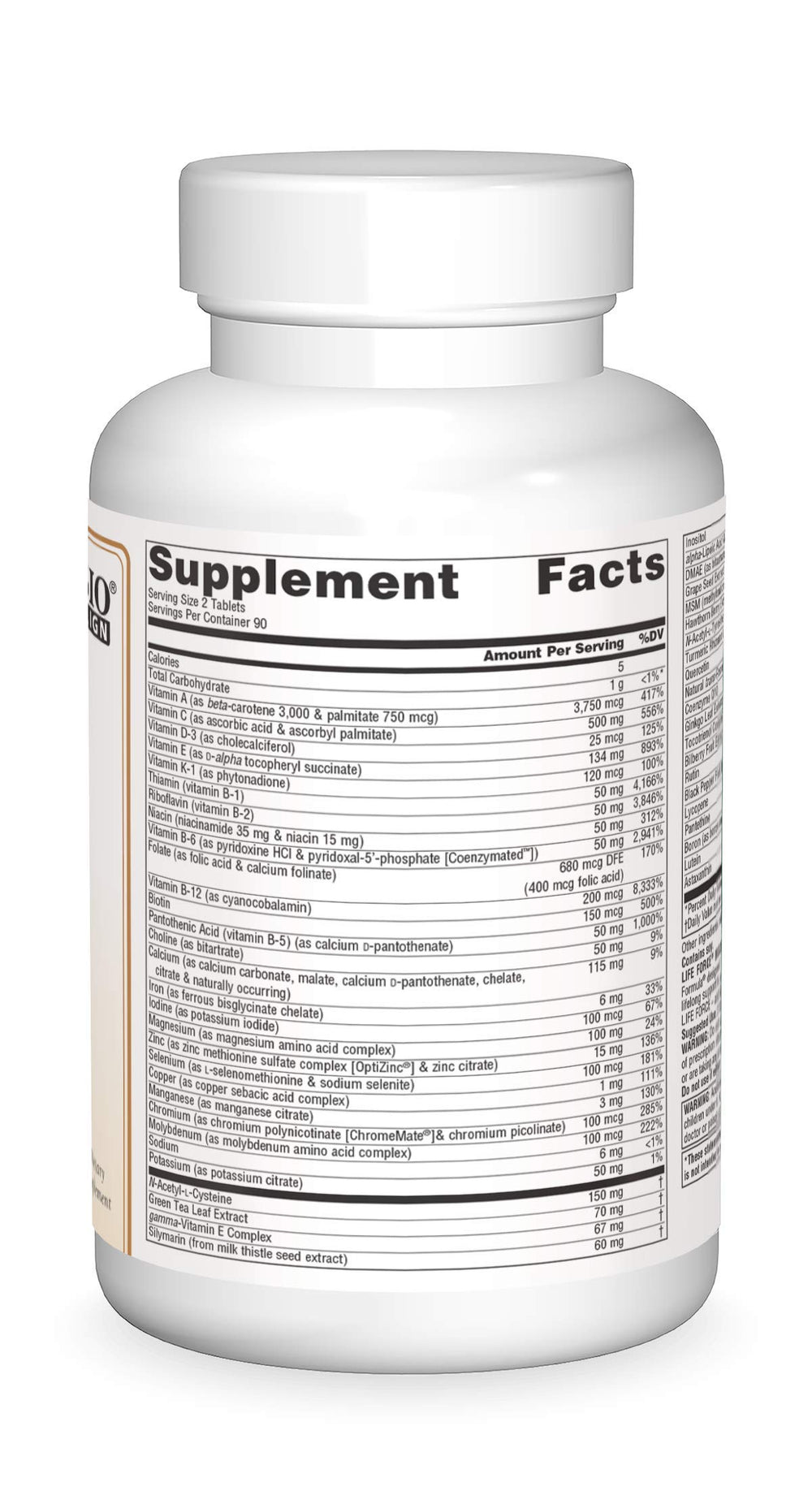 Close-up of Life Force Multi label showing product details