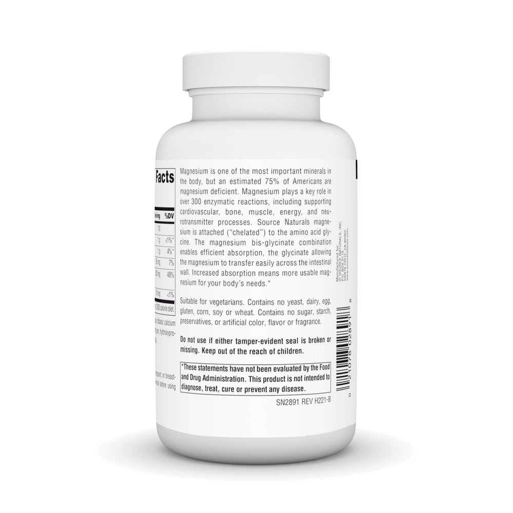 Front label of Source Naturals Magnesium Glycinate bottle