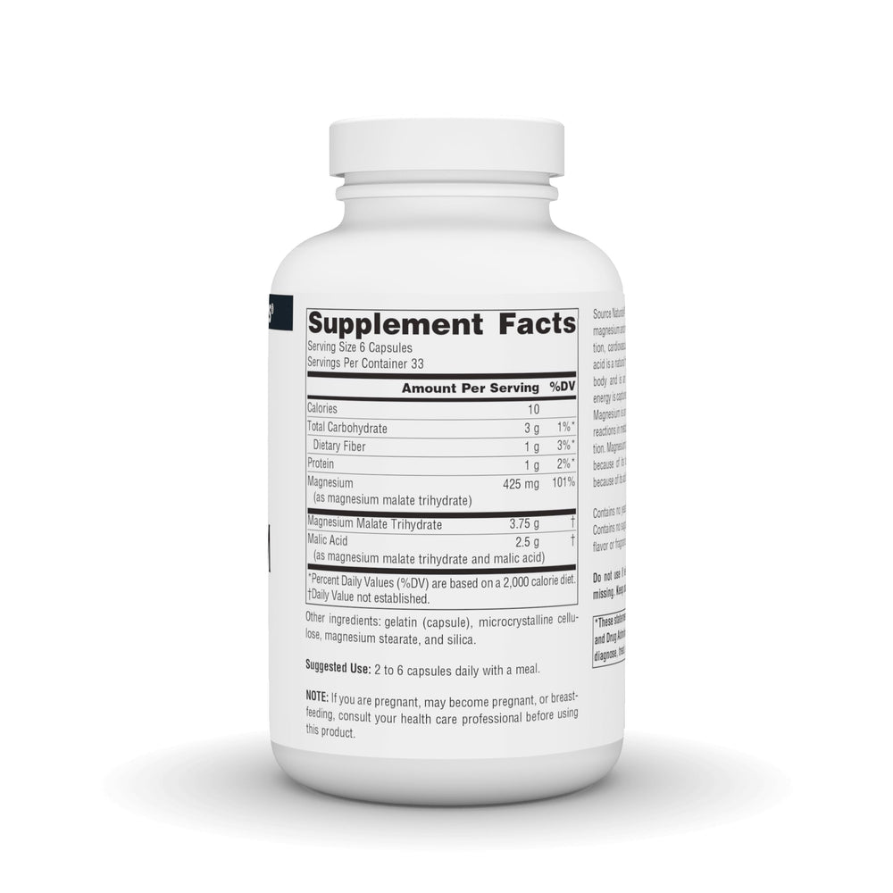 Close-up of Source Naturals Magnesium Malate bottle label