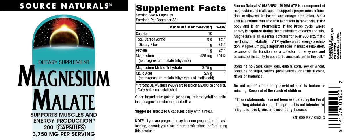 Ingredients and nutrition facts for Source Naturals Magnesium Malate
