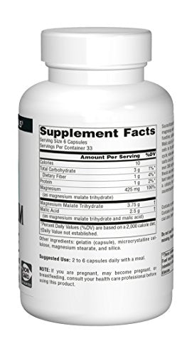 Nutrition facts panel on Source Naturals Magnesium Malate bottle