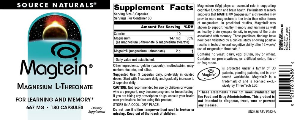 Source Naturals Magtein bottle with glass promoting daily focus