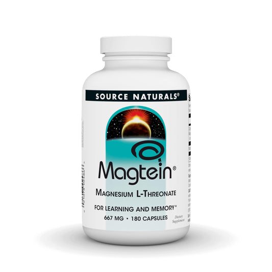 Bottle of Source Naturals Magtein Magnesium L-Threonate 667 mg - 180 capsules