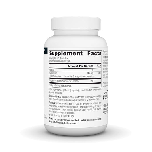 Product label for Magtein Magnesium L-Threonate 667mg 90 capsules