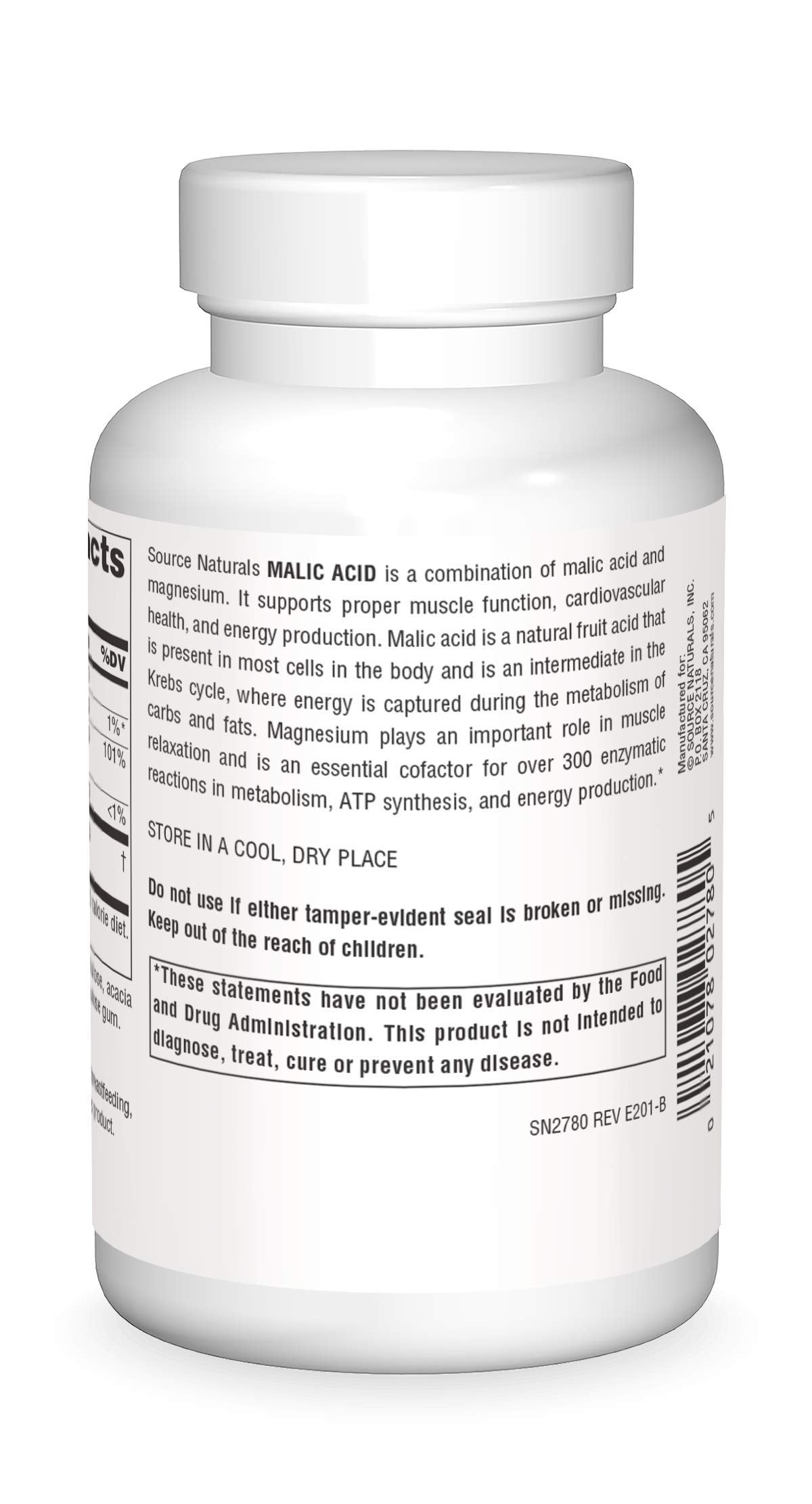 Nutrition label showing malic acid content per tablet