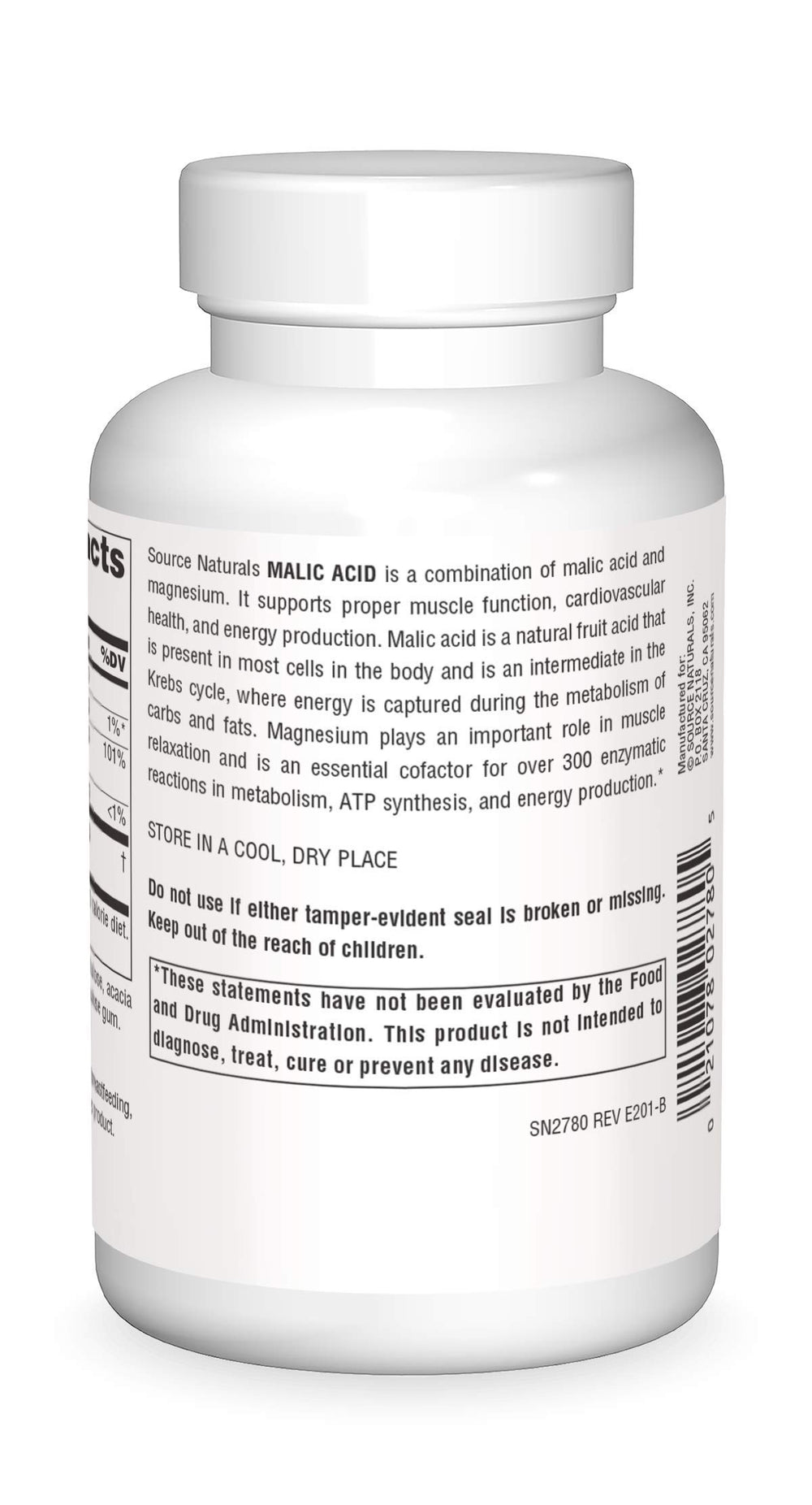 Nutrition label showing malic acid content per tablet