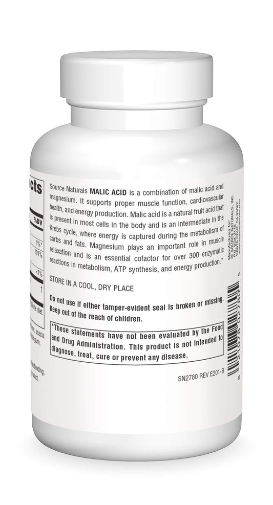 Nutrition label showing malic acid content per tablet