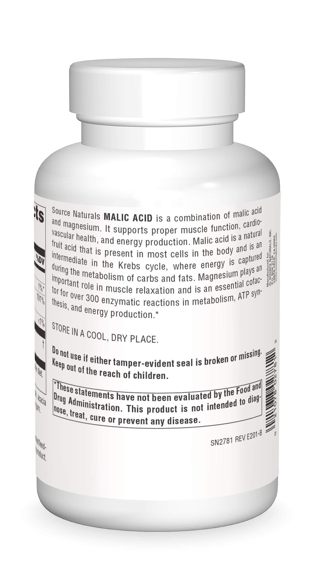 Bottle of Source Naturals Malic Acid 2,500 mg 240 tablets on white background