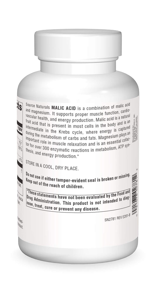 Bottle of Source Naturals Malic Acid 2,500 mg 240 tablets on white background