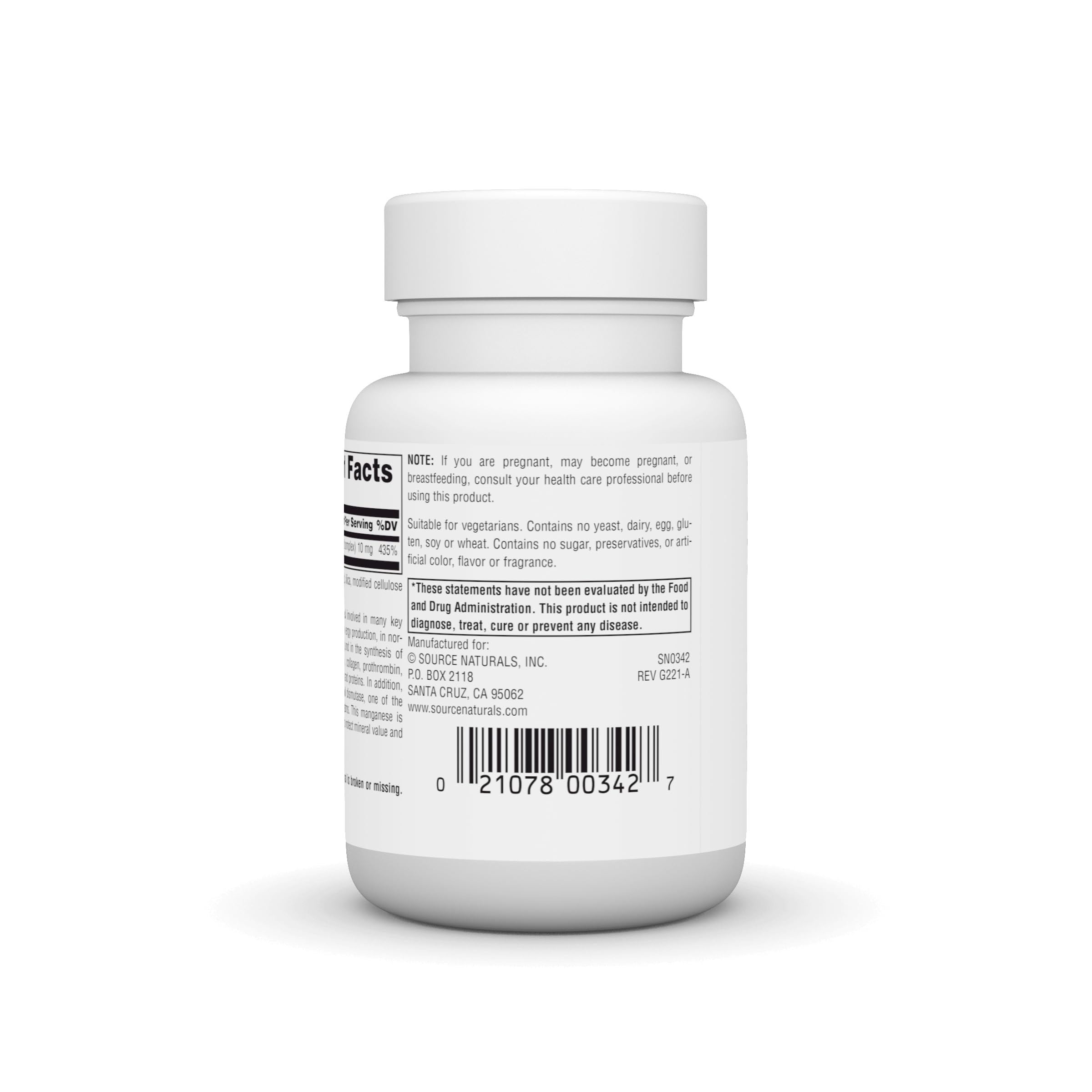 Nutrition/ingredients panel for Source Naturals Manganese 100 tablets