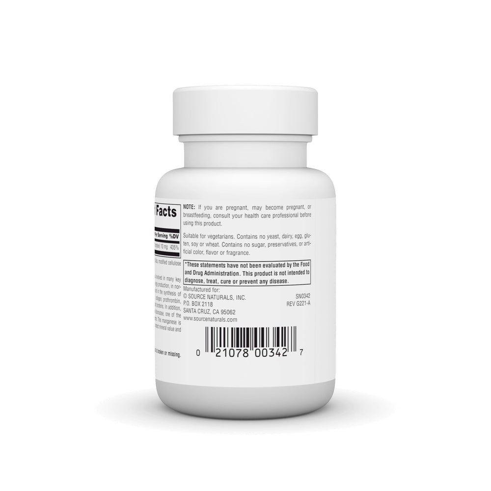 Nutrition/ingredients panel for Source Naturals Manganese 100 tablets