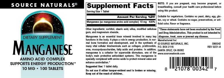 Made in USA manufacturing label for Source Naturals Manganese