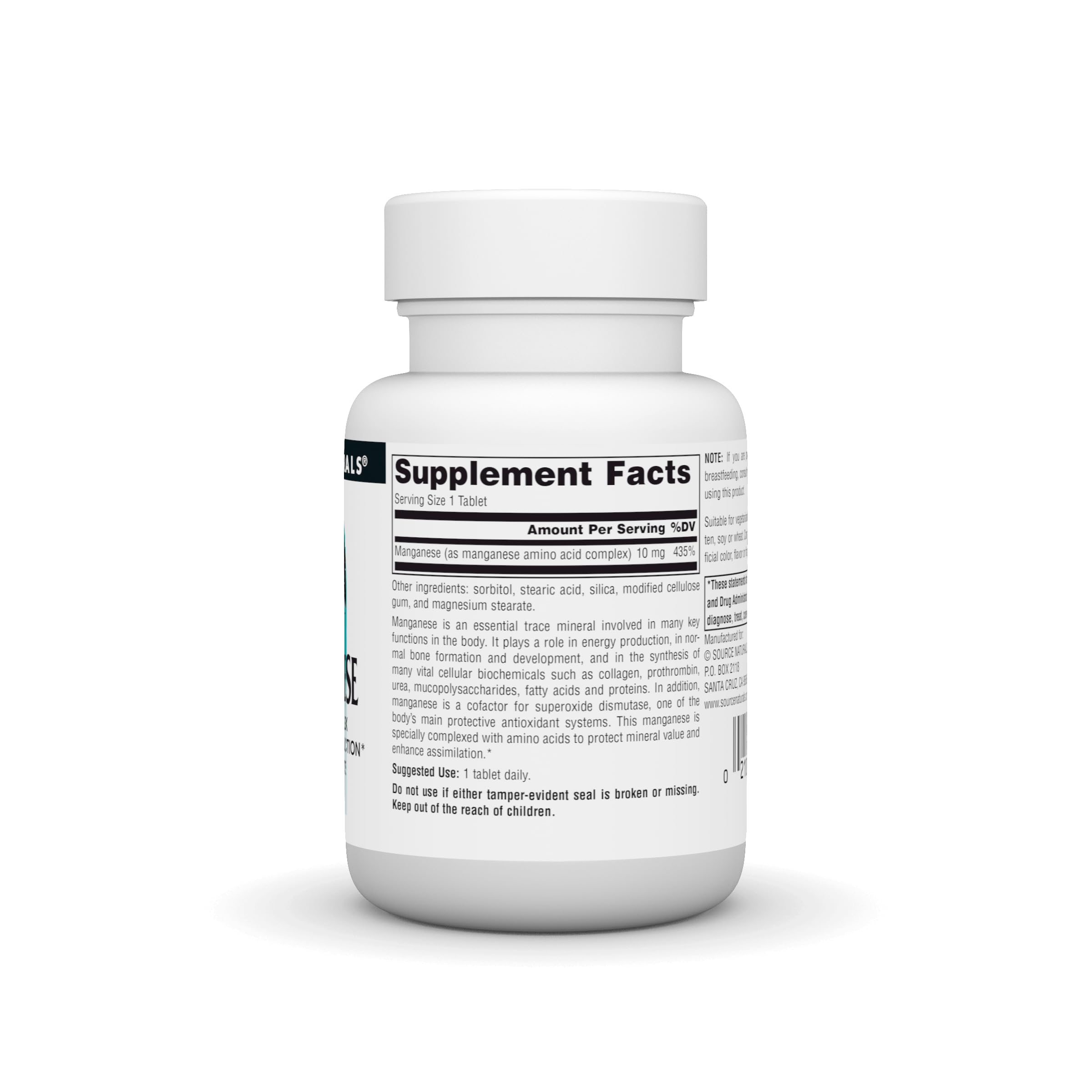 Close-up of manganese tablets from Source Naturals supplement