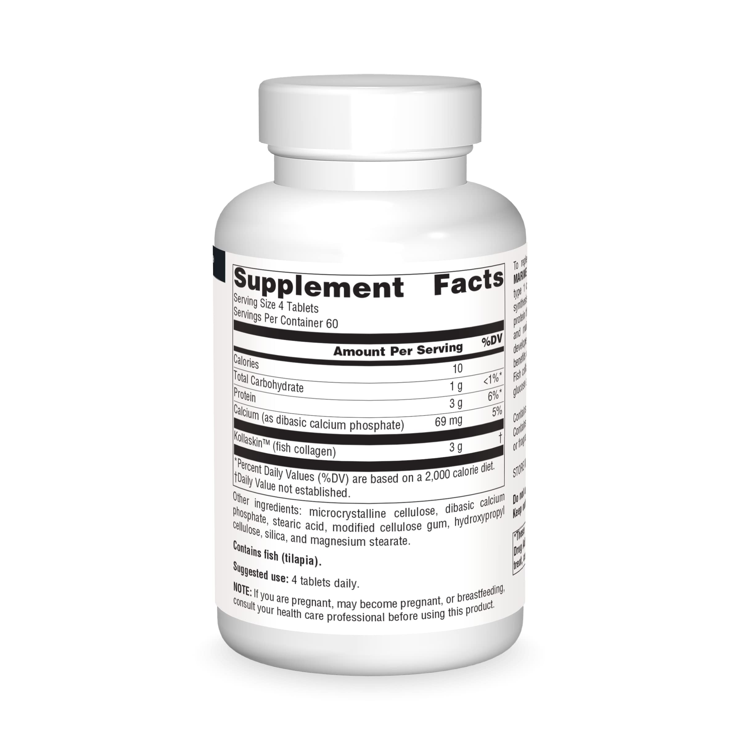 Back packaging with supplement facts for Marine Collagen - 240 tablets