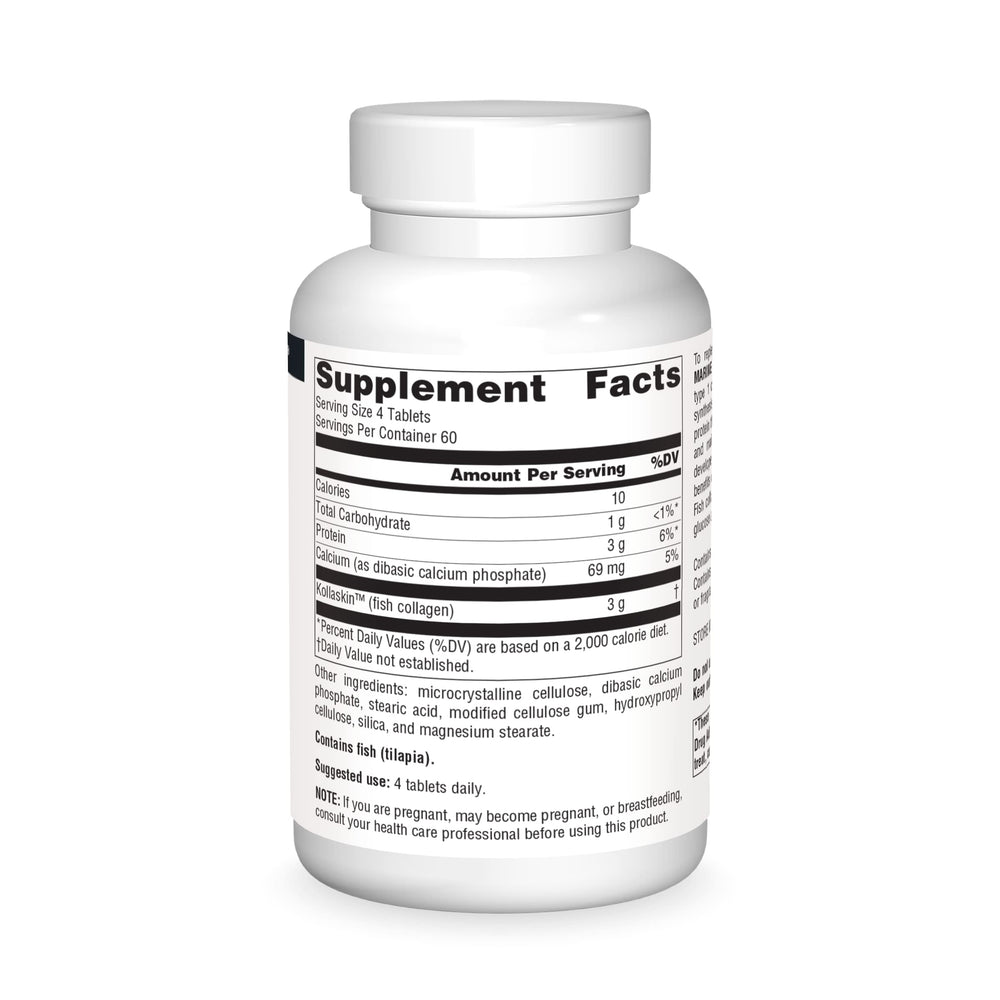 Back packaging with supplement facts for Marine Collagen - 240 tablets