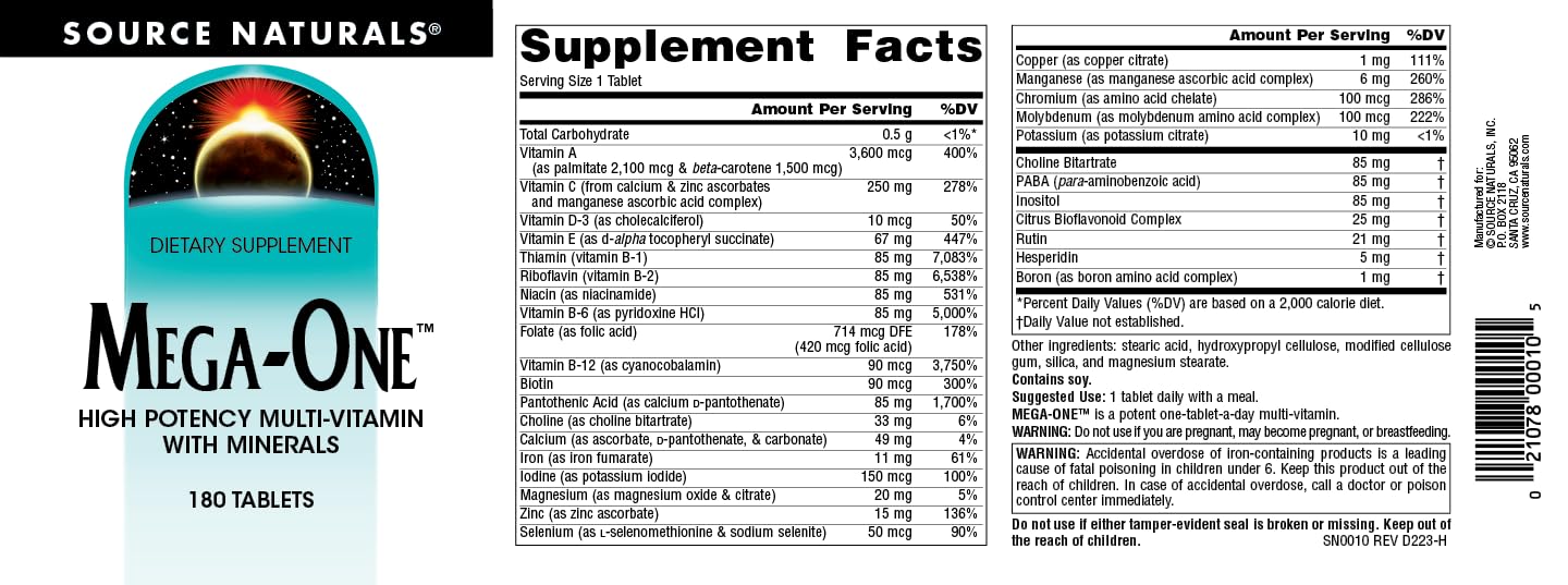 Mega-One nutrition facts panel