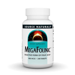 Bottle of Source Naturals MegaFolinic 800 mcg folic acid 240 tablets