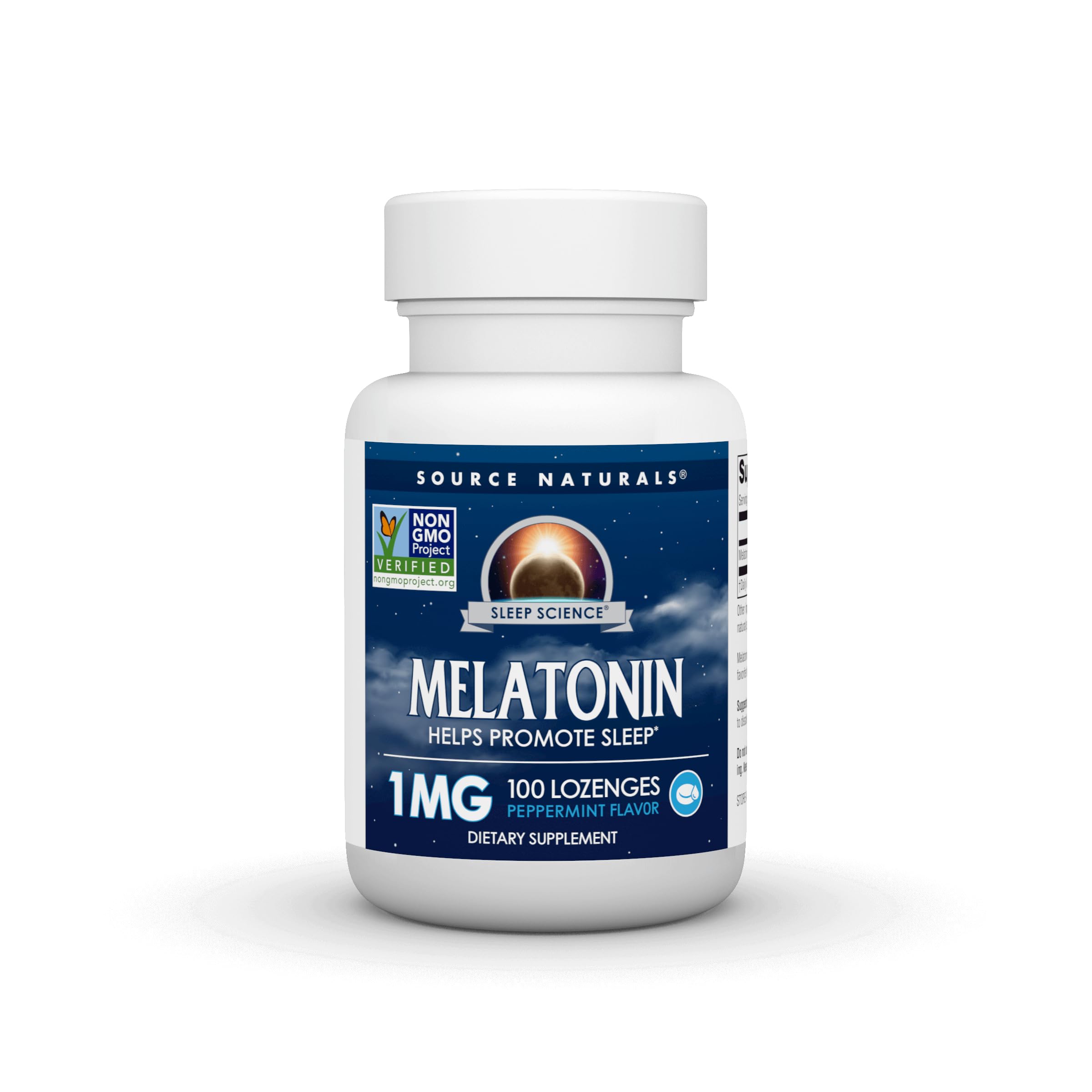 Melatonin lozenges label for Source Naturals 1 mg 100 peppermint flavor