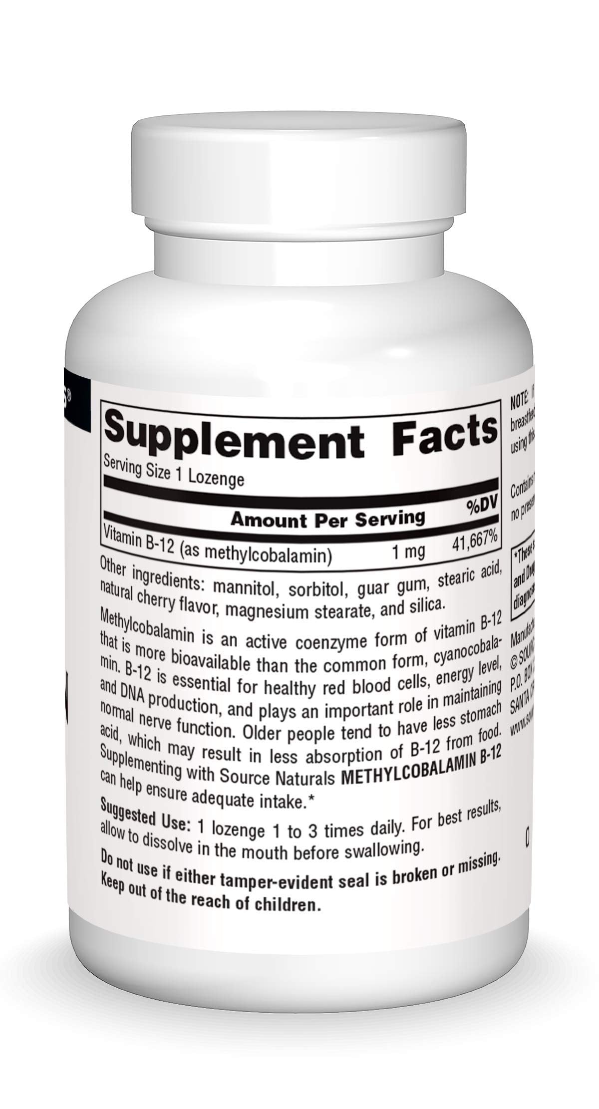 Source Naturals MethylCobalamin B-12 lozenges ingredients panel