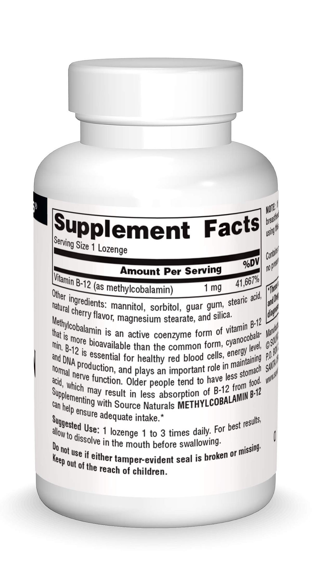 Source Naturals MethylCobalamin B-12 lozenges ingredients panel
